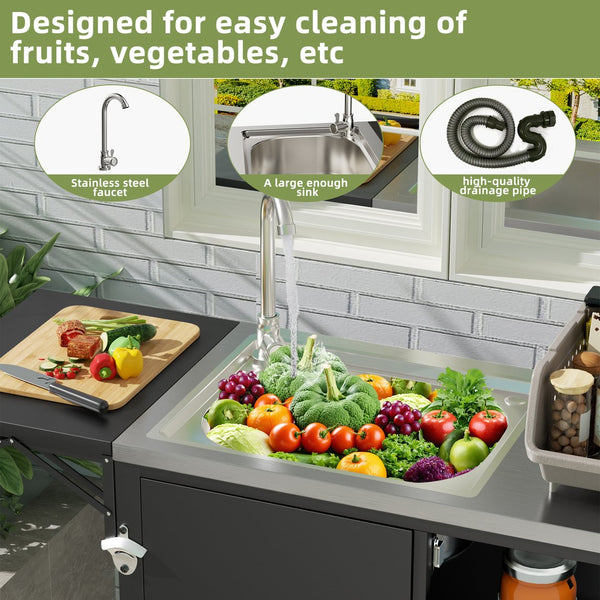 English Elm Outdoor Stainless Steel Grill Cart with Sink Foldable Top and Lockable Wheels W3190P426842