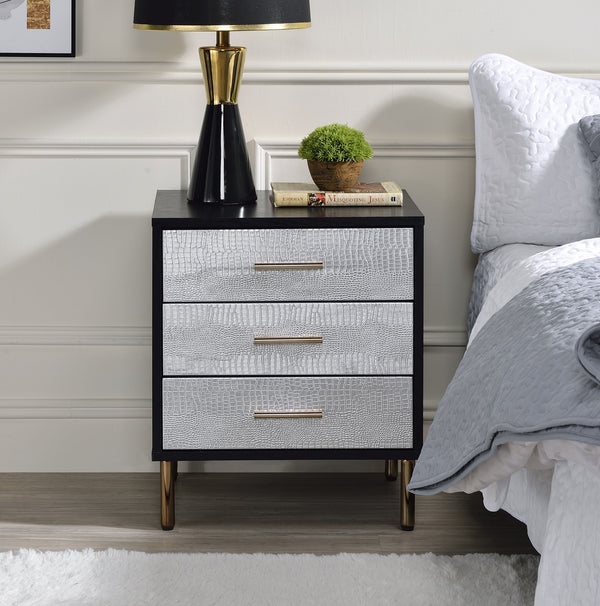 English Elm 1pc Glamorous Black Nightstand 3-Drawer Faux Crocodile Fronts Gold Legs Hollywood Glam Accent B2741P323121