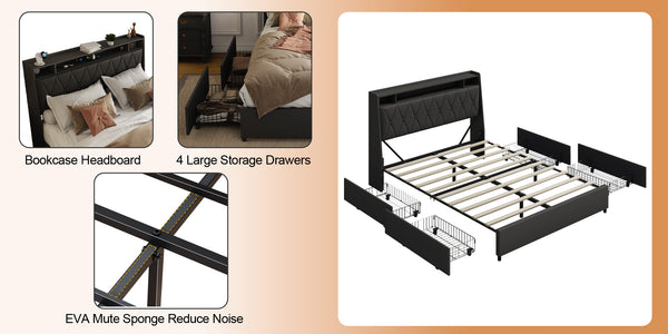 English Elm Queen Ergonomic Headboard Bed Frame with Built-In Charger & Outlets, Metal Platform with Shelf Black W3107P262752