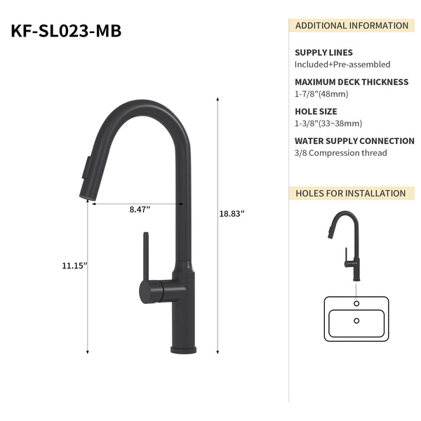 English Elm Bothwa Pull Down Kitchen Faucet with Stainless Steel Spout and Ceramic Cartridge Control Matt Black B2724P262920