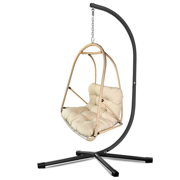English Elm Swing Egg Chair with Stand - Foldable Rattan Hanging Basket Seat, Cushioned Comfort, Cup Holder Beige+Brown W2707P388617