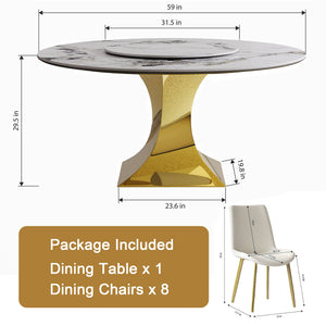 English Elm 59" Round Sintered Stone Table Set Seats Eight with Gold Hourglass Base Lazy Susan W2700S00130