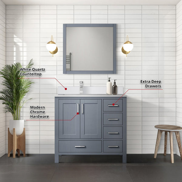 English Elm Dark Grey Bath Vanity Set With Left Offset Quartz Top, Chrome Faucet, And Matching 34” Mirror B2731S01262