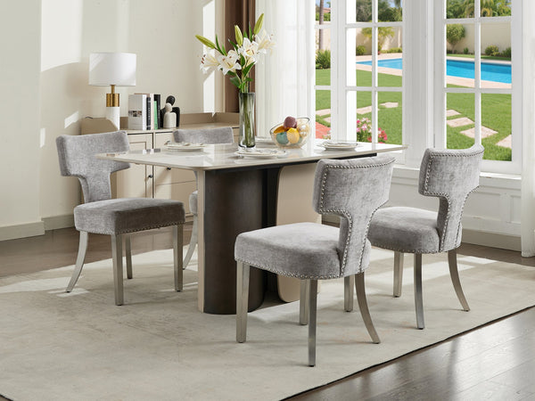 English Elm Mid Mid Century Modern Dining Chair Set with Curved Copper-Nail Backrest, High-Density Foam Seat, Brushed Stainless Legs Gray W1143P314900