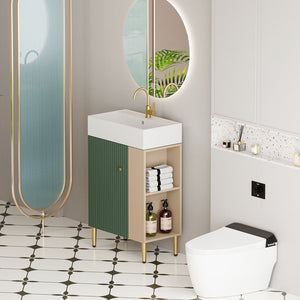 English Elm 21.6" Sage Green Bathroom Vanity Ceramic Sink Soft-close Cabinet Open Shelf Storage W1573S00024