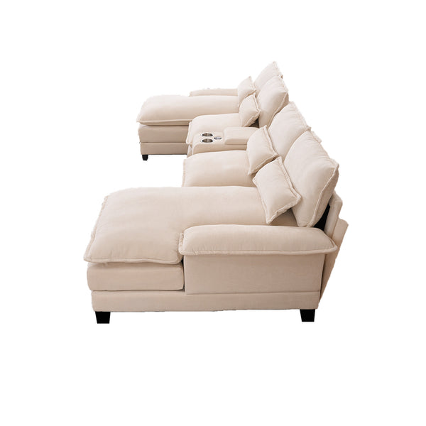 English Elm Modern U-shaped sofa with console, cupholders & USB ports — 6-seat sleeper with double chaise, chenille comfort W3401S00001