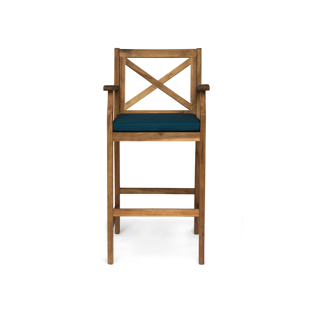 English Elm Christopher Knight Home® - PERLA Acacia Wood Outdoor Barstool Set of 2 with Water-Resistant Cushions, Cross-Back Farmhouse Charm Blue 63748.00BLU