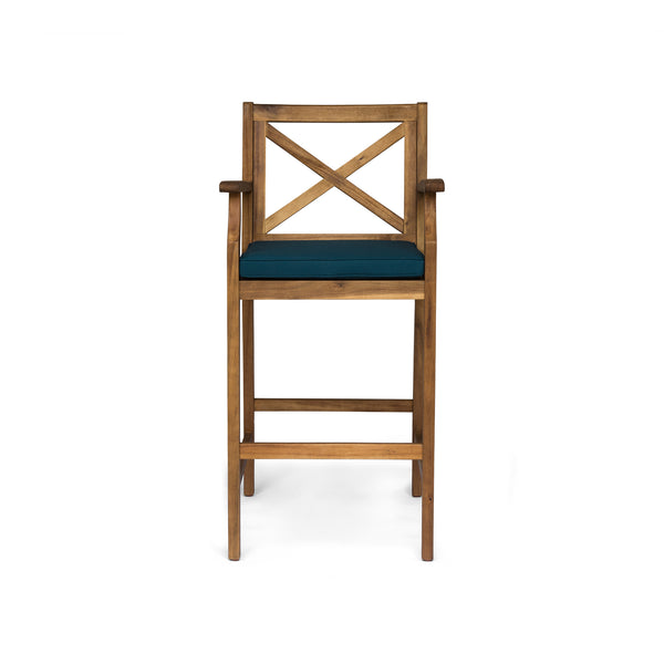English Elm Christopher Knight Home® - PERLA Acacia Wood Outdoor Barstool Set of 2 with Water-Resistant Cushions, Cross-Back Farmhouse Charm Blue 63748.00BLU