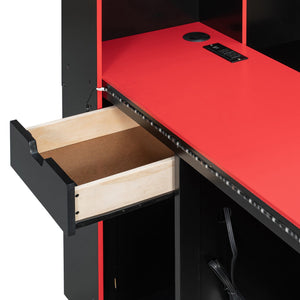 English Elm Full Size Gaming Bed Frame with Desk Led Lights Storage Drawers and Charging Station Black+Red LP000289AAJ