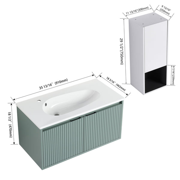 English Elm 36" Floating Bathroom Vanity with Drop-Shaped Resin Sink, Side Cabinet, Soft-Close Doors, Water-Resistant Finish W999S00332