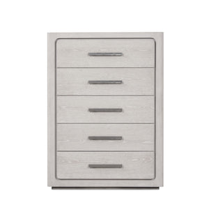 English Elm Unique Contemporary Chest with Cultured Stone Top, Reeded Panels, Silver Accents, Dovetail Drawers and Chrome Legs White Oak 22 L x 41 W x 56 H B2741P370872