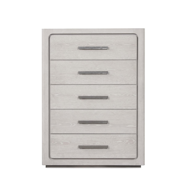 English Elm Unique Contemporary Chest with Cultured Stone Top, Reeded Panels, Silver Accents, Dovetail Drawers and Chrome Legs White Oak 22 L x 41 W x 56 H B2741P370872