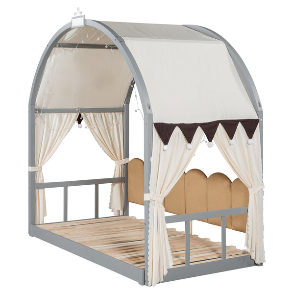 English Elm Twin Pinewood Ground-Level Canopy Bed with Arched Roof and Trundle for Kids—Whimsical, Sturdy Design Gray N820P181648E