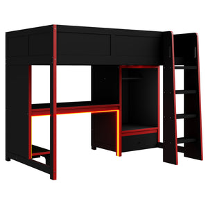 English Elm Wood Twin Gaming Loft Bed with Desk, Wardrobe, LED Lighting & Drawer — Space-Saving Black Red Accent, 400lb Capacity N7090004010B