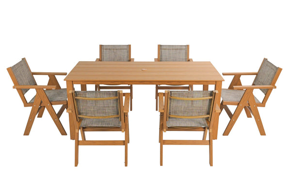 English Elm 68.9-inch Outdoor Rectangular Dining Table Hips Wood Grain Seats Six with Umbrella Hole W2085P364122