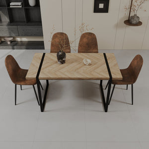 English Elm 59" Modern Farmhouse Dining Table Set With 4 Suede Chairs - Light Wood & Black Metal Base Design W2189S00627