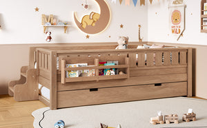 English Elm Twin Kids Platform Bed with Trundle Staircase Bookshelf and Rounded Safety Rails Natural W1580S00558