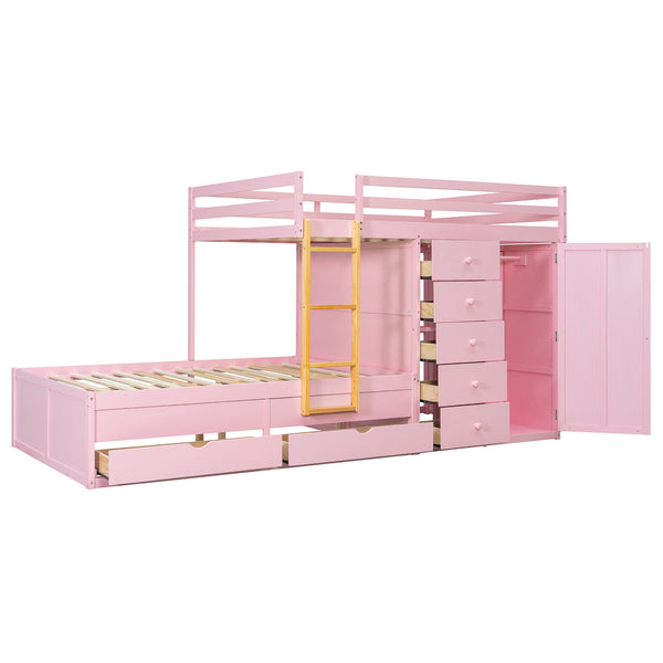 English Elm Full Size Bunk Bed with Integrated Drawers Wardrobe Mdf Solid Wood Kids Storage Pink LT000463AAH