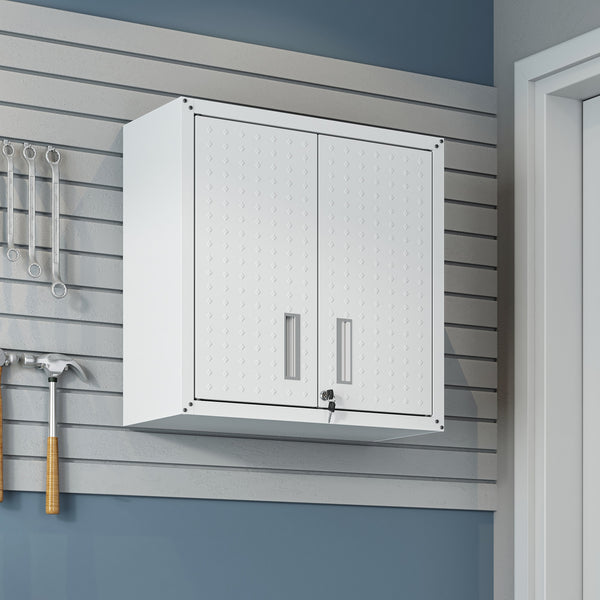 English Elm Floating Wall Mounted Garage Cabinet with Locking Doors and Diamond Texture Exterior White B365P398220