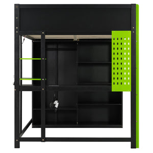 English Elm Full Size Gaming Loft Bed with Rgb Lighting Integrated Desk and Open Wardrobe Green N820S00073F