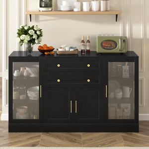 English Elm U-style Modern Buffet Sideboard with Acrylic Doors Power Outlet and Adjustable Storage Black N711P437648B