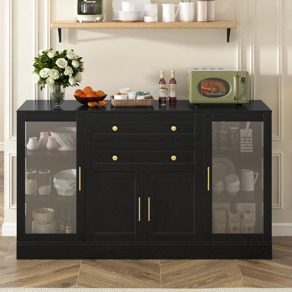 English Elm U-style Modern Buffet Sideboard with Acrylic Doors Power Outlet and Adjustable Storage Black N711P437648B