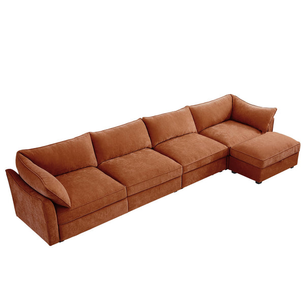 English Elm L-Shaped 4-Seater Sectional Sofa With Movable Ottoman & Storage, Soft Chenille In Chic Orange W3041S00210