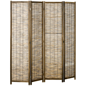 English Elm HOMCOM 4-Panel Reed Room Divider 5.5ft Folding Privacy Screen, Hand-Woven Freestanding Partition for Home Office Brown W2225P229150