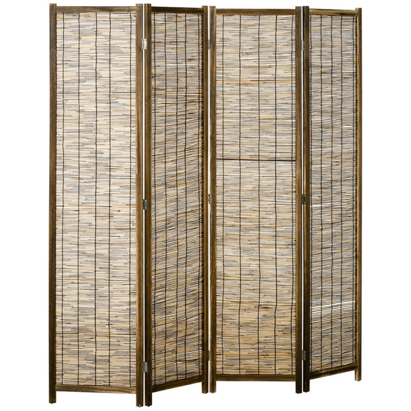 English Elm HOMCOM 4-Panel Reed Room Divider 5.5ft Folding Privacy Screen, Hand-Woven Freestanding Partition for Home Office Brown W2225P229150
