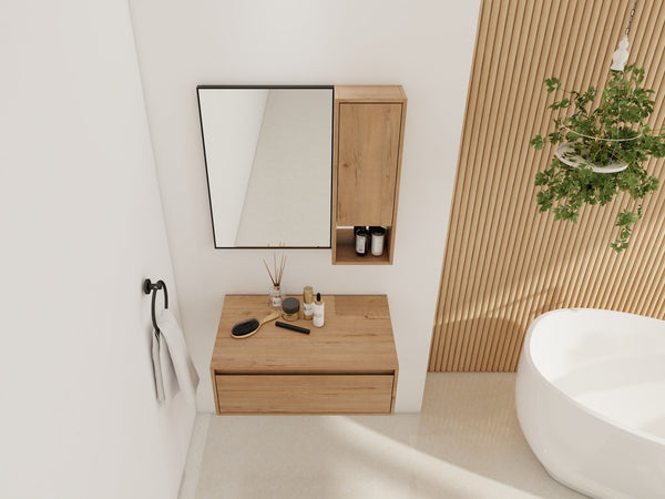 English Elm 30'' Wall Mounted Mirror Cabinet Black Aluminum Frame Soft Close Bathroom Storage W999S00539