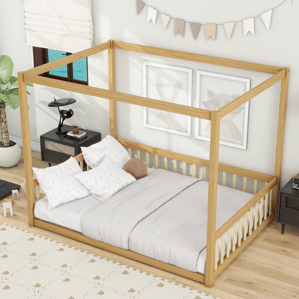 English Elm Full Size Canopy Floor Bed In Natural Rubberwood With Guardrails - Perfect For Kids' Imagination! W504P345756
