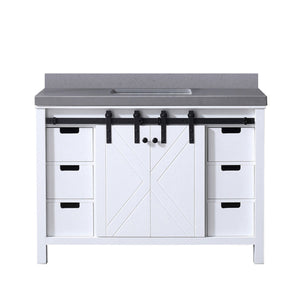 English Elm White Solid Wood Bath Vanity 48"W x 22"D with Grey Quartz Top, Soft-Close Drawers & Open Shelf B2731P260017