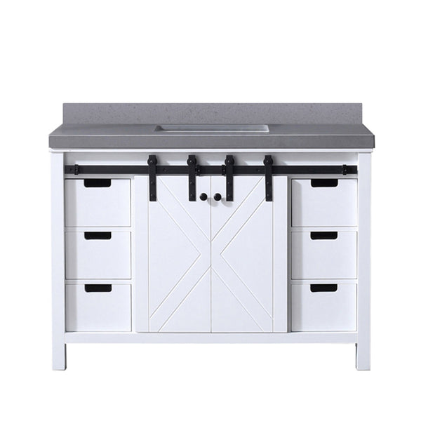 English Elm White Solid Wood Bath Vanity 48"W x 22"D with Grey Quartz Top, Soft-Close Drawers & Open Shelf B2731P260017