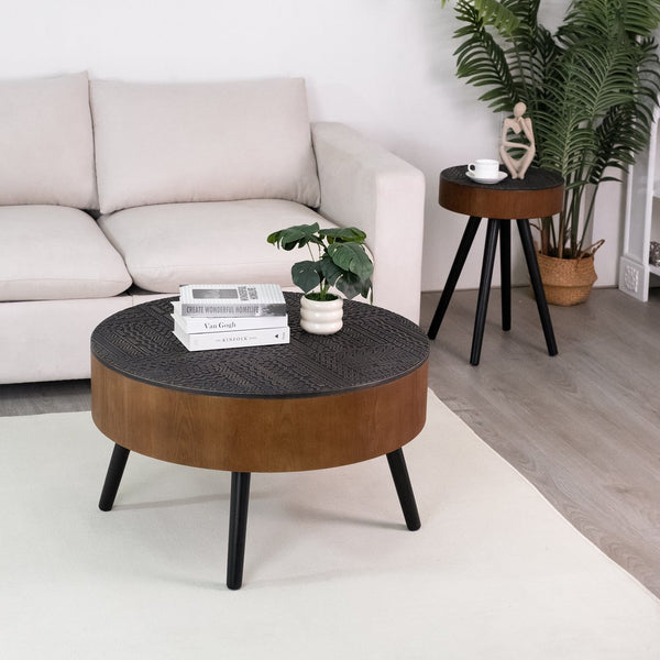 English Elm 31.5-inch Round Carved Wood Coffee Table Vintage Distressed Finish Living Room Accent W3935P406036