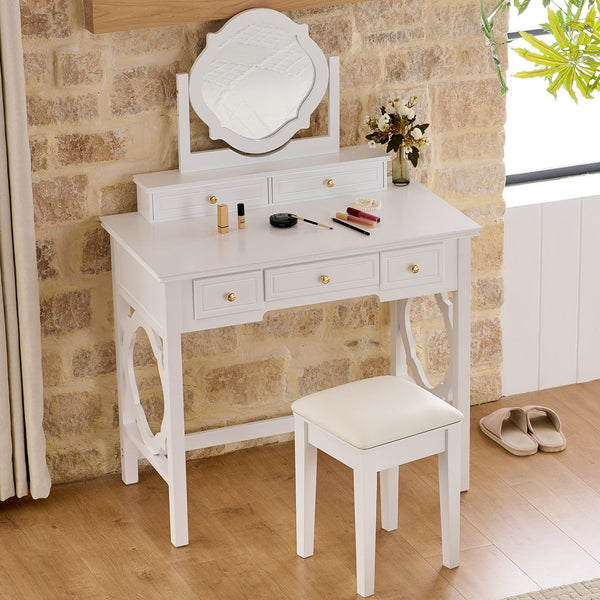 English Elm Compact Floral Makeup Vanity Table with Swivel Flower Mirror, 5 Drawers & PU Stool — Space-Saving Beauty Station N844P288535A