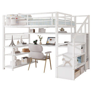 English Elm Full Size Steel Loft Bed with Staircase Storage Wardrobe Desk and Led Lighting White W2593S00059
