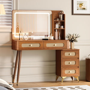 English Elm 47''Vintage Elegant Makeup Vanity with Lights and Mirror, 5-Drawer Rattan Design, Solid Wood Craftsmanship Walnut 46 L x 27 W x 8 H N733P337468M
