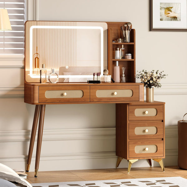 English Elm 47''Vintage Elegant Makeup Vanity with Lights and Mirror, 5-Drawer Rattan Design, Solid Wood Craftsmanship Walnut 46 L x 27 W x 8 H N733P337468M