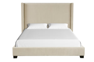 English Elm Queen Upholstered Bed with Pleated Headboard and Sturdy Rails, Easy-Clean Polyester Fabric Design Beige 79.75 L x 53.75 W x 9.5 H B2699P208288