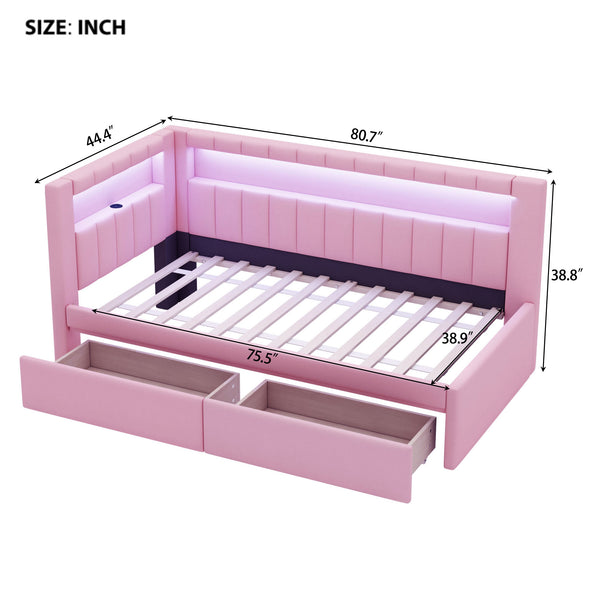 English Elm Upholstered Twin Platform Bed with USB Ports, LED Light Belt, Linen Backrest & 2 Storage Drawers Pink DL001926AAH
