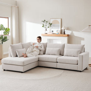 English Elm MH100.2" Sofa Convertible L-Shaped Linen Sectional with Movable Ottoman 5 Cushions 4 Lumbar Pillows Beige W1193S00140