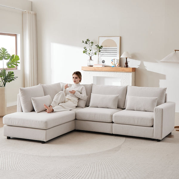 English Elm MH100.2" Sofa Convertible L-Shaped Linen Sectional with Movable Ottoman 5 Cushions 4 Lumbar Pillows Beige W1193S00140