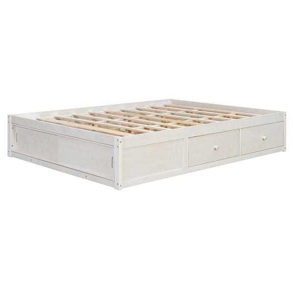 English Elm Queen Platform Bed with Four Storage Drawers Footboard Cubby Modern Low Profile Frame White LP000138AAK