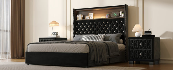 English Elm Full Velvet Wingback Platform Bed Tufted Headboard Shelf Usb Port Rivet Trim N733P368653B