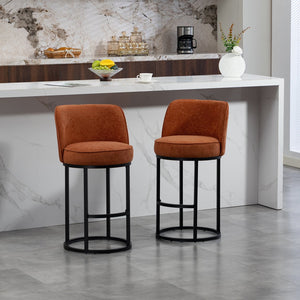 English Elm Counter Height Barstools Set of 2 Linen Upholstered Barrel Seat with Iron Legs Orange W395P410432