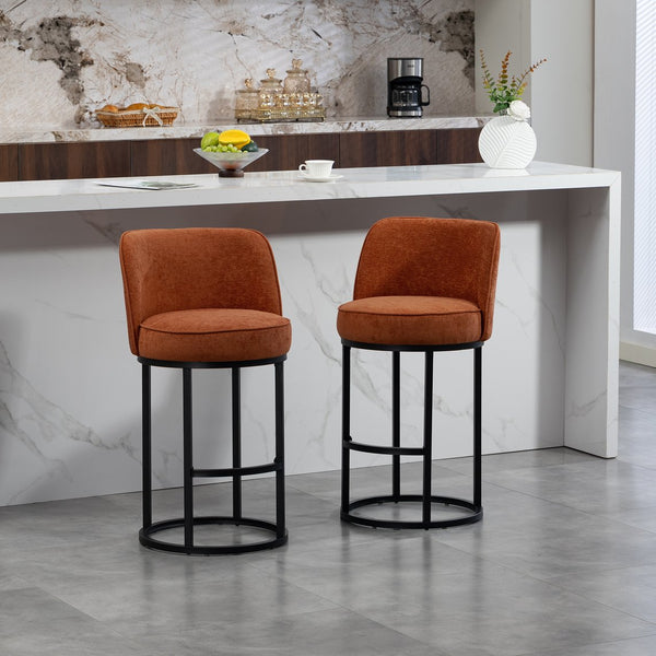 English Elm Counter Height Barstools Set of 2 Linen Upholstered Barrel Seat with Iron Legs Orange W395P410432