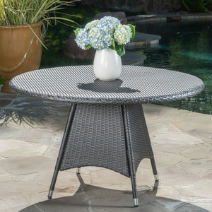 English Elm Christopher Knight Home® - CORSICA Round Dining Table in Grey Rattan with Silver-Tip Legs — Durable Woven Outdoor Entertaining N776P339670E