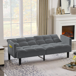 English Elm Velvet Convertible Futon Sofa Bed with Adjustable Back, Plush 9" Cushion, Eucalyptus Frame for Apartments Grey W1413P332827