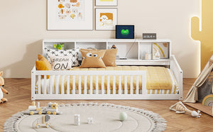 English Elm Wood Twin XL Floor Bed with Built-In Storage Cabinets, USB Charging Ports, Space-Saving Design White N709P205811K