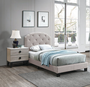 English Elm Light Gray Burlap Upholstered Twin Bed with Button Tufted Headboard and Nailhead Trim B011P415184